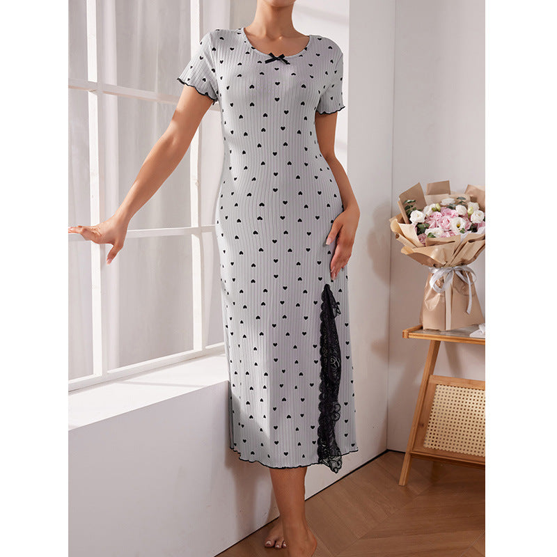 Round Neck Short Sleeve Love Slit Mid-length Dress