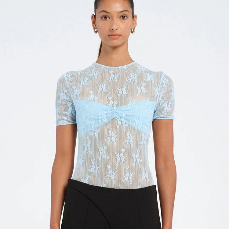 Jacquard Mesh See-through Pleated Slim Fit Short Sleeve Rompers