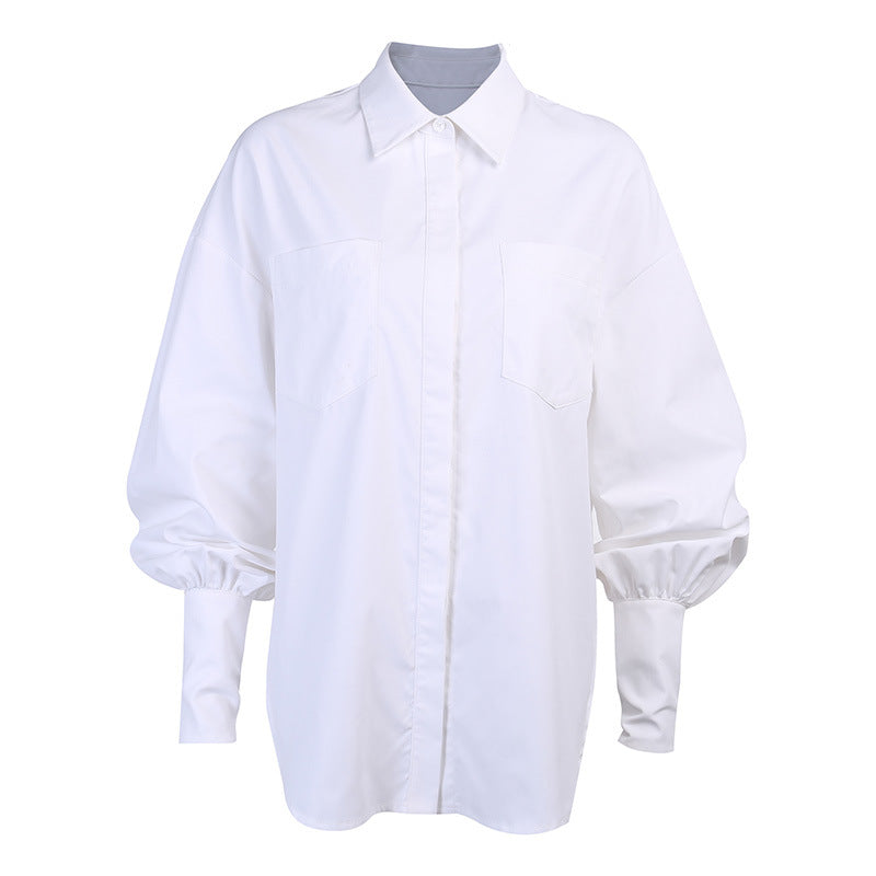 Versatile Simple Pocket Shirt Top For Women