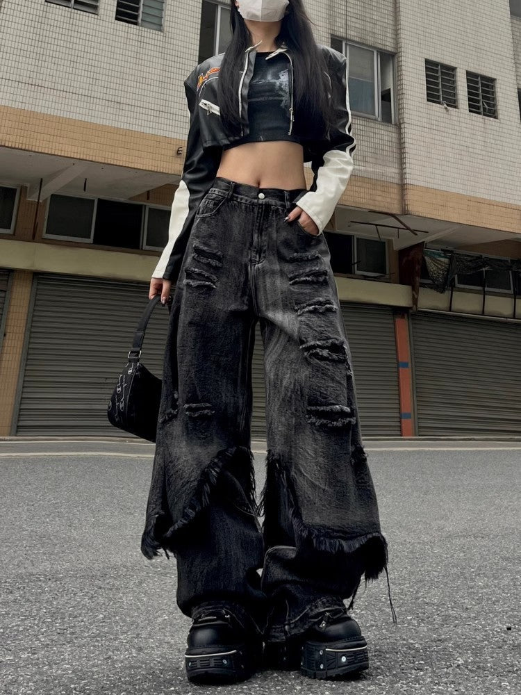 High Street Distressed Cargo Jeans Wide Leg Trousers