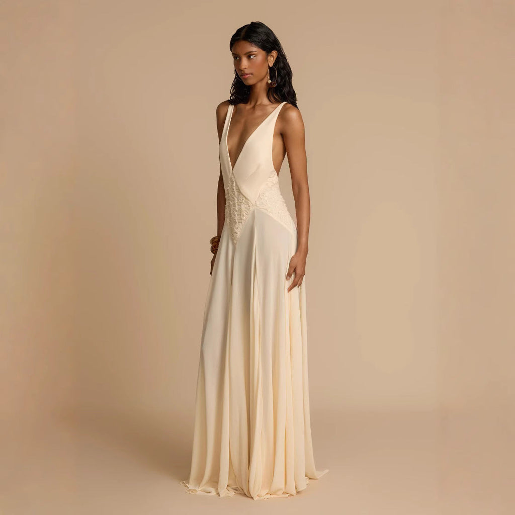 Elegance Simplicity Hollow Out Stitching Lace Sling Color Dress