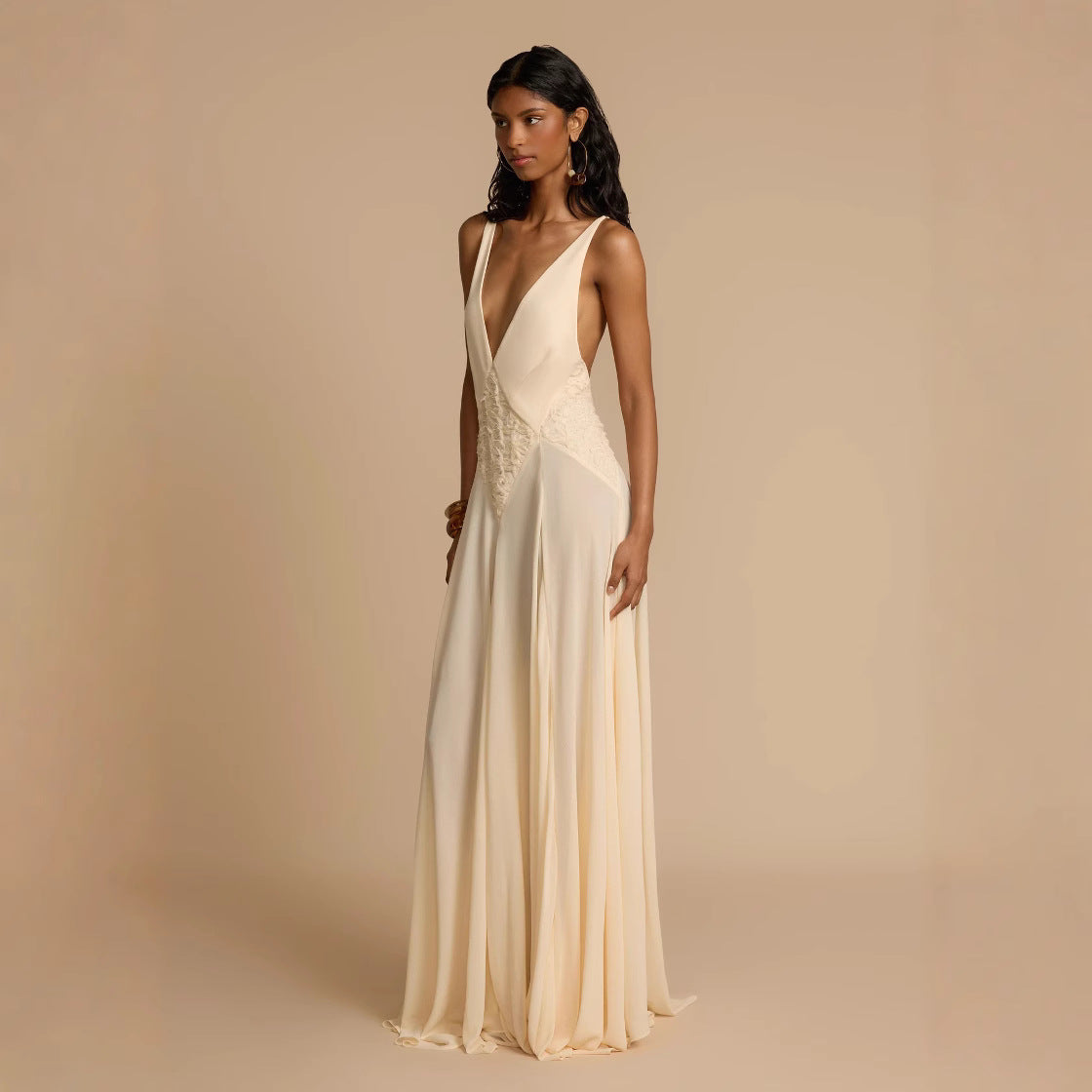 Elegance Simplicity Hollow Out Stitching Lace Sling Color Dress