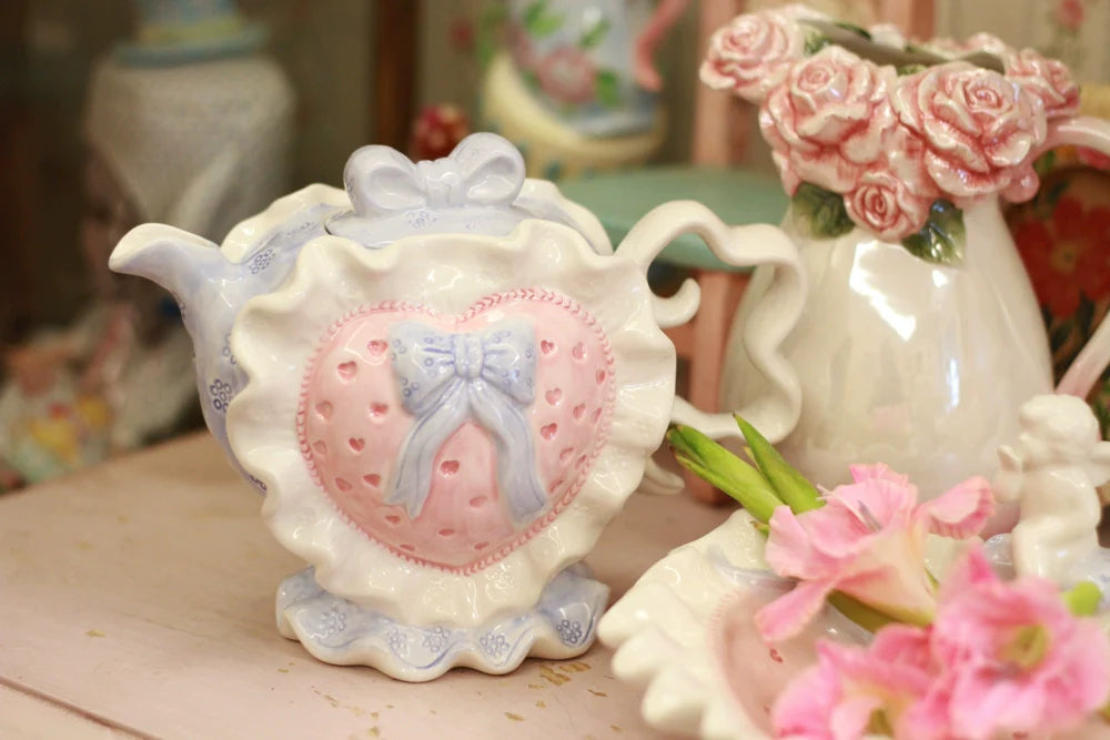Clang Li Vintage Retro Valentine's Day Cute Pink Heart Ceramic Water Cup Kettle