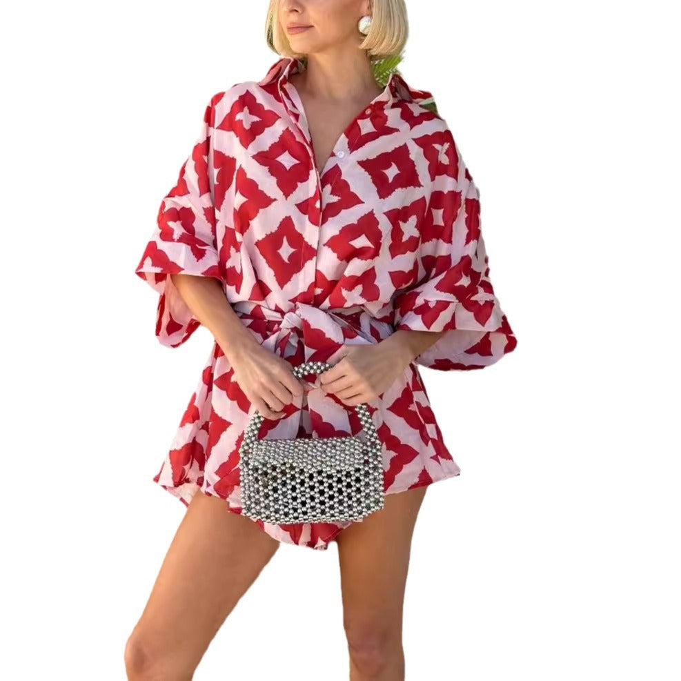 Loose Casual Print Lace-up Jumpsuit Shorts