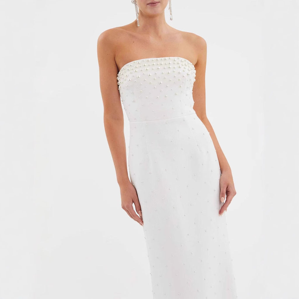 Pure Color Tube-top Long Skirt Temperament Commute High Waist Dress