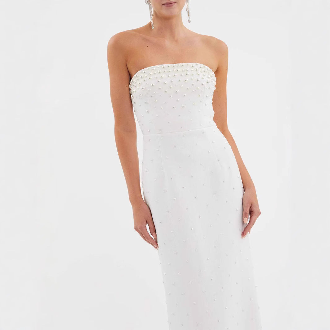 Pure Color Tube-top Long Skirt Temperament Commute High Waist Dress