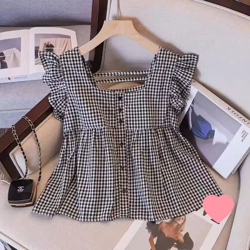 Women's Summer Square Collar Loose All-match Backless Small Doll Shirt