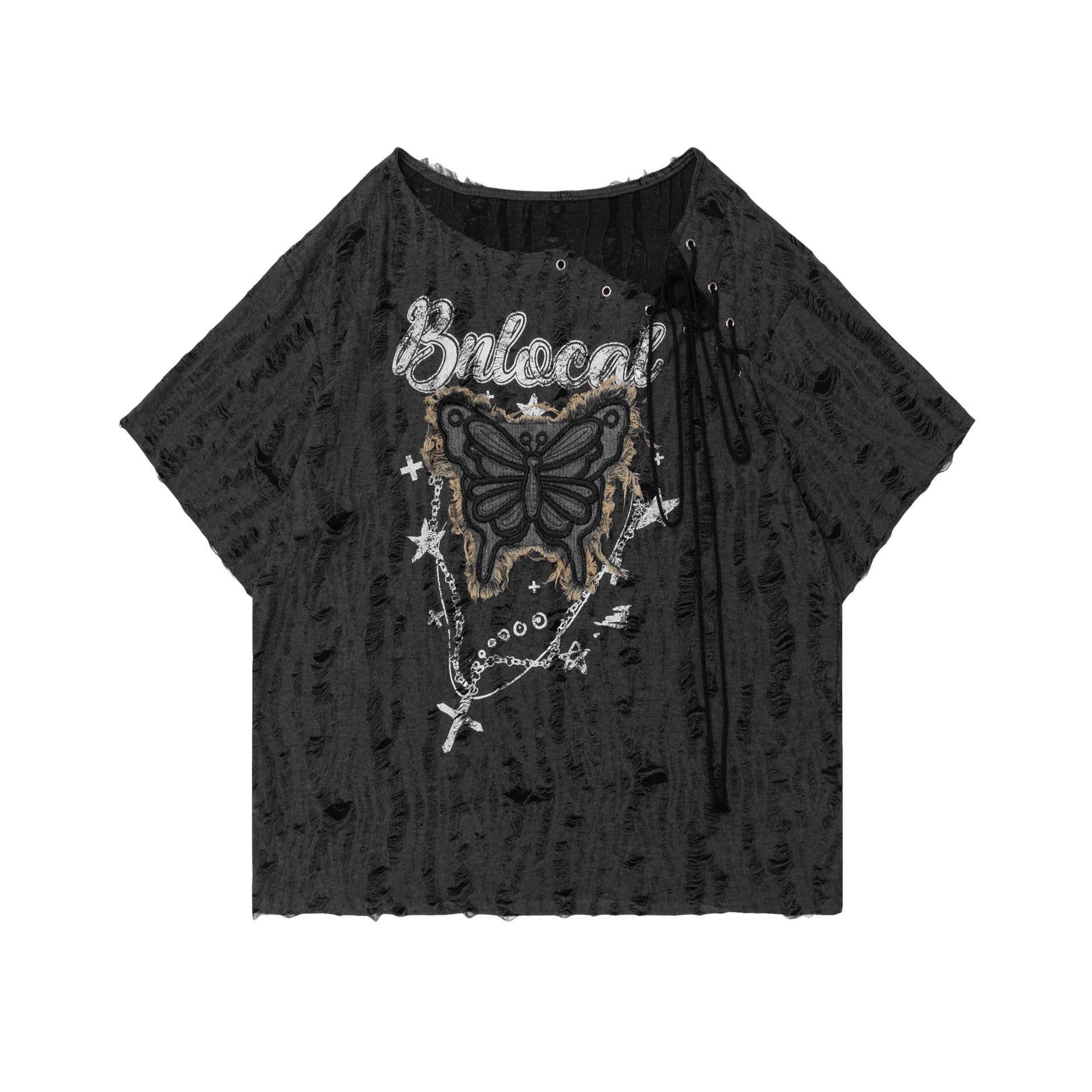 Women's Lace-up Butterfly Affixed Cloth Embroidered Short-sleeved T-shirt