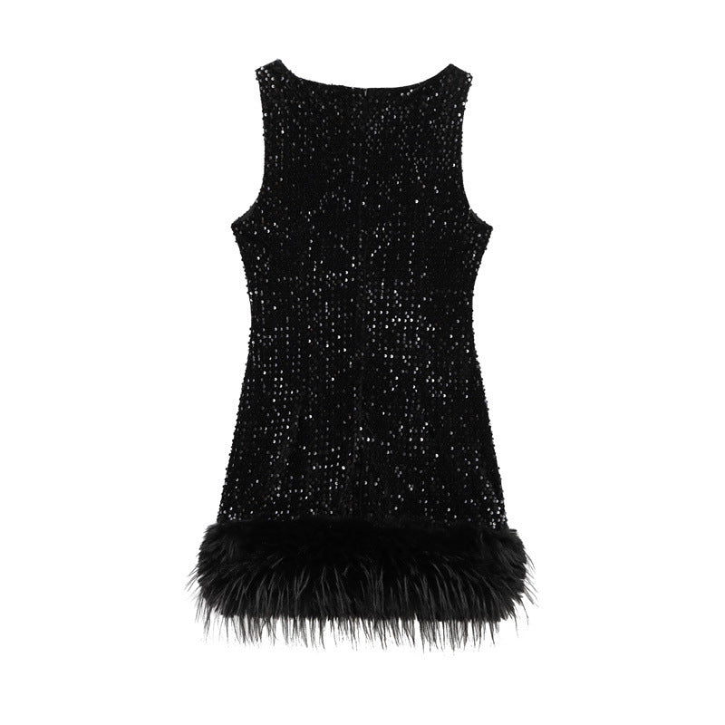 Women's Fashion Sequin Feather Decoration Dress