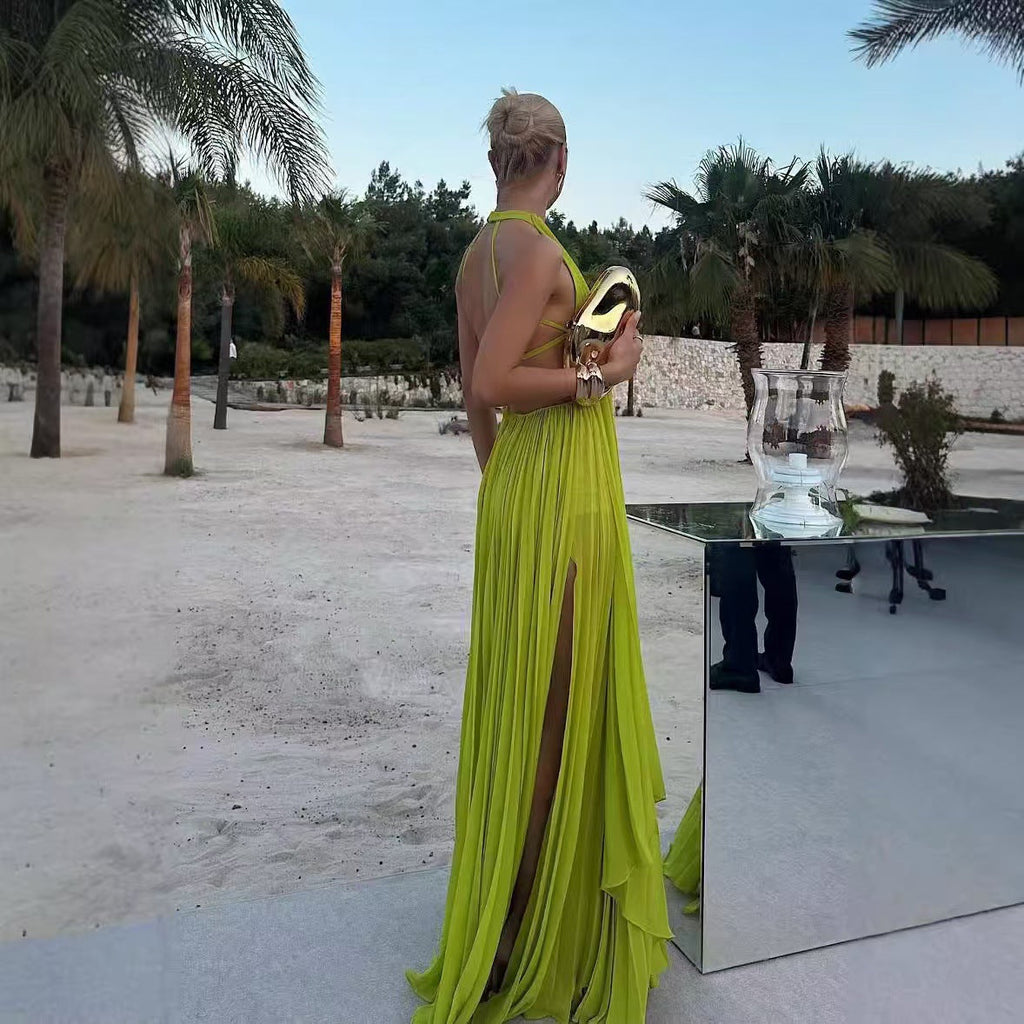 Solid Color Round Neck Sleeveless Sexy Backless Beach Dress