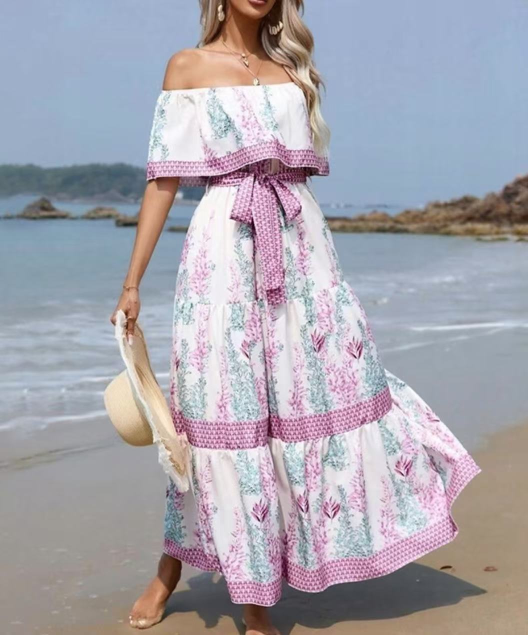 Summer Off-shoulder Printing Belt Long Large Hem Dress