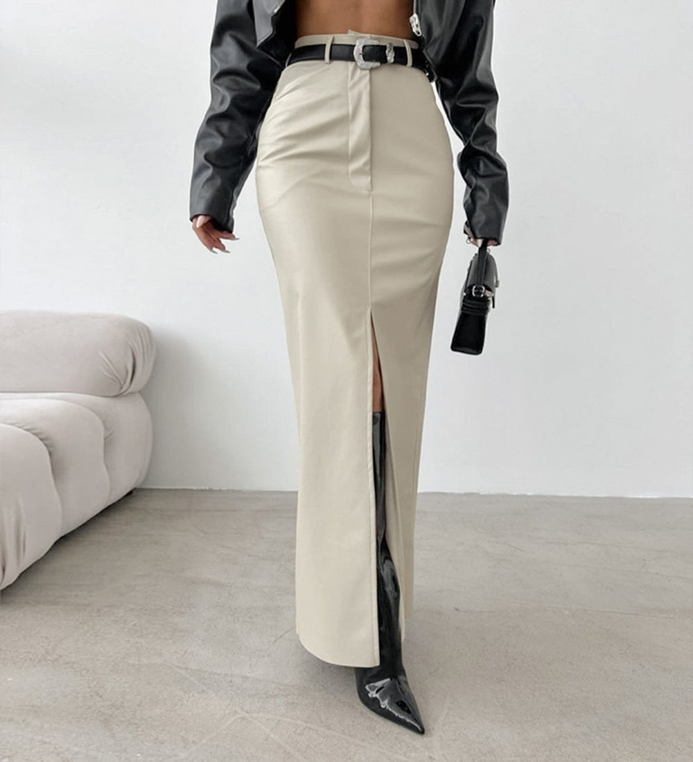 Leather Design Split Solid Color High Waist Simple Skirt