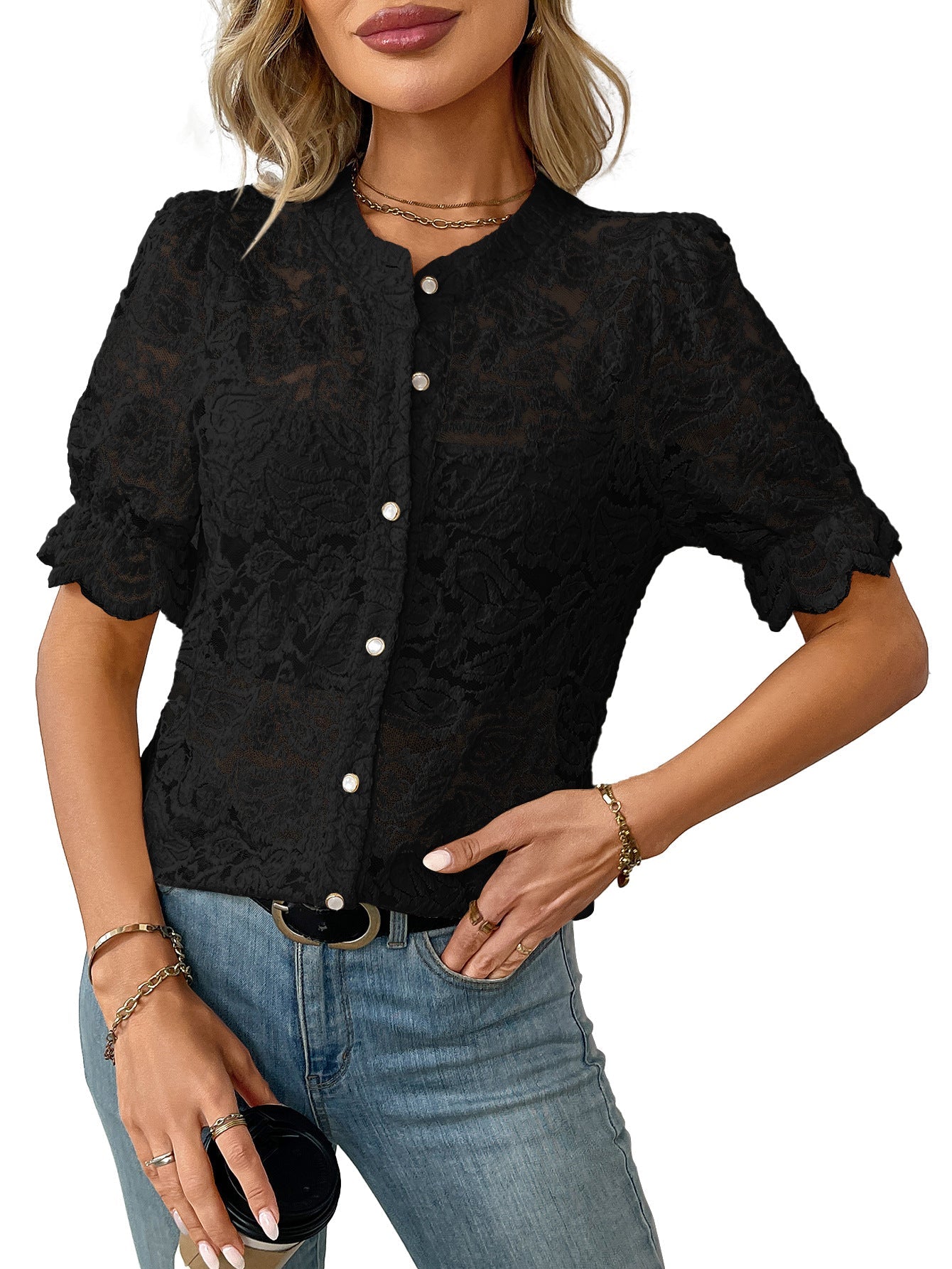 Lace Short Sleeve Casual Button Shirt