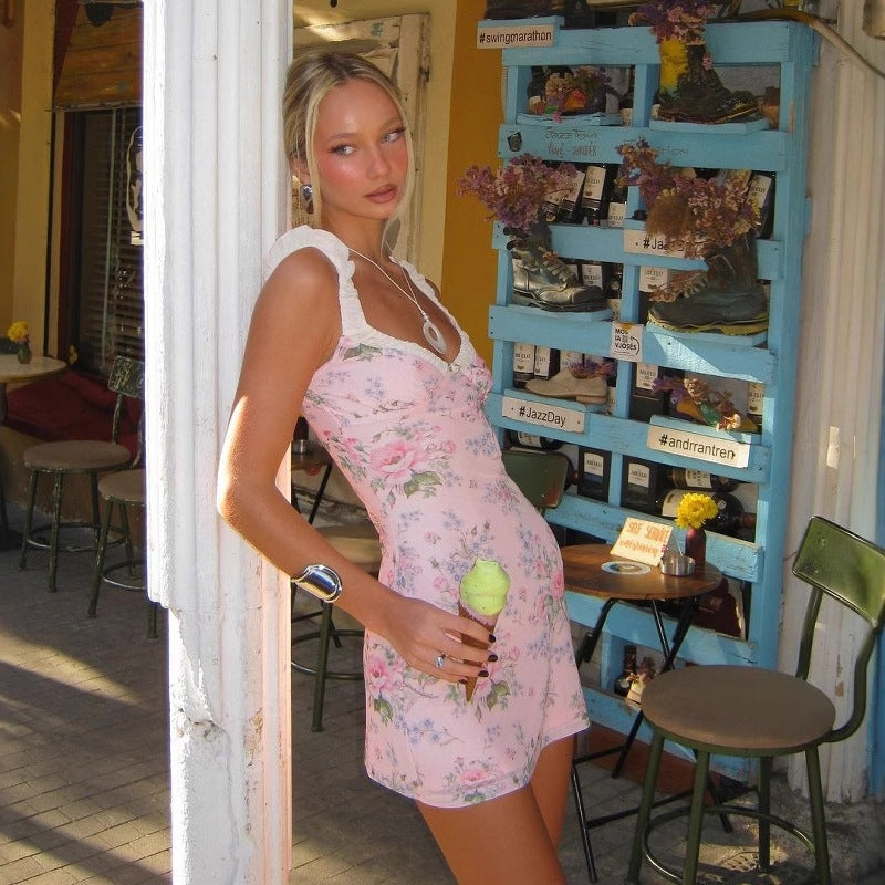 Floral Sling Slim Fit Backless Short Hip-hugger Dress