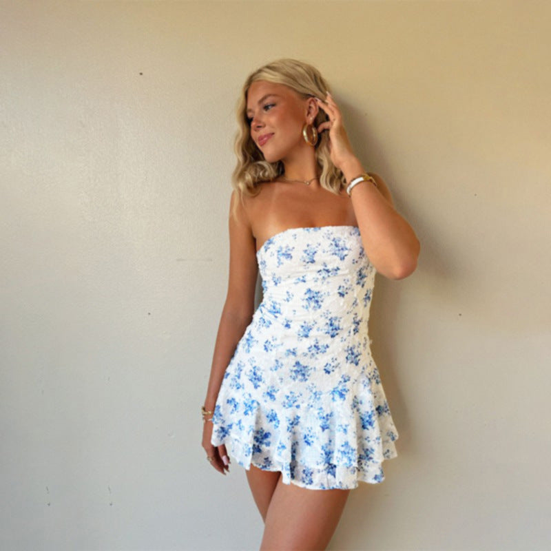 Elegant Slim-fit Printed Tube Top A- Line Dress