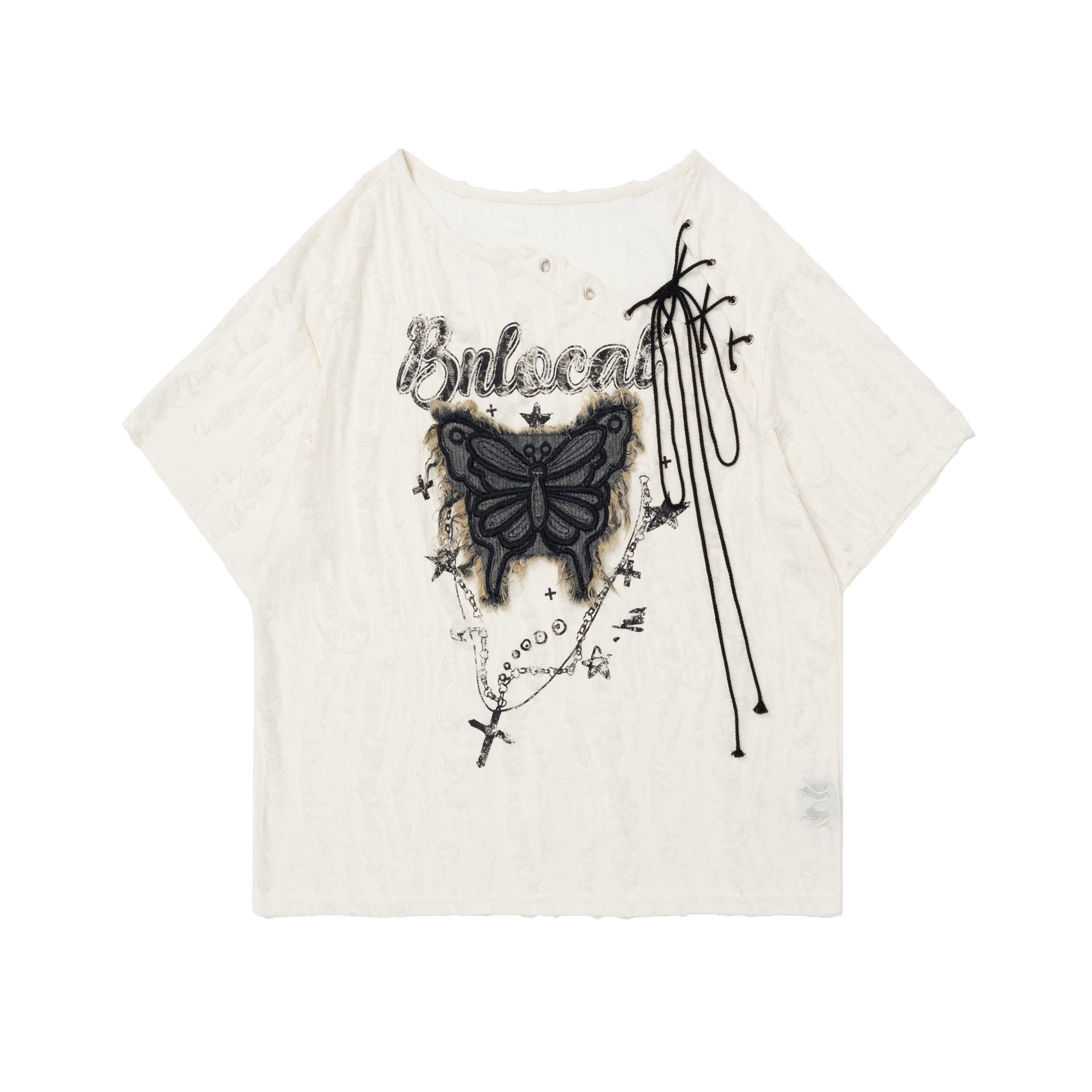 Women's Lace-up Butterfly Affixed Cloth Embroidered Short-sleeved T-shirt