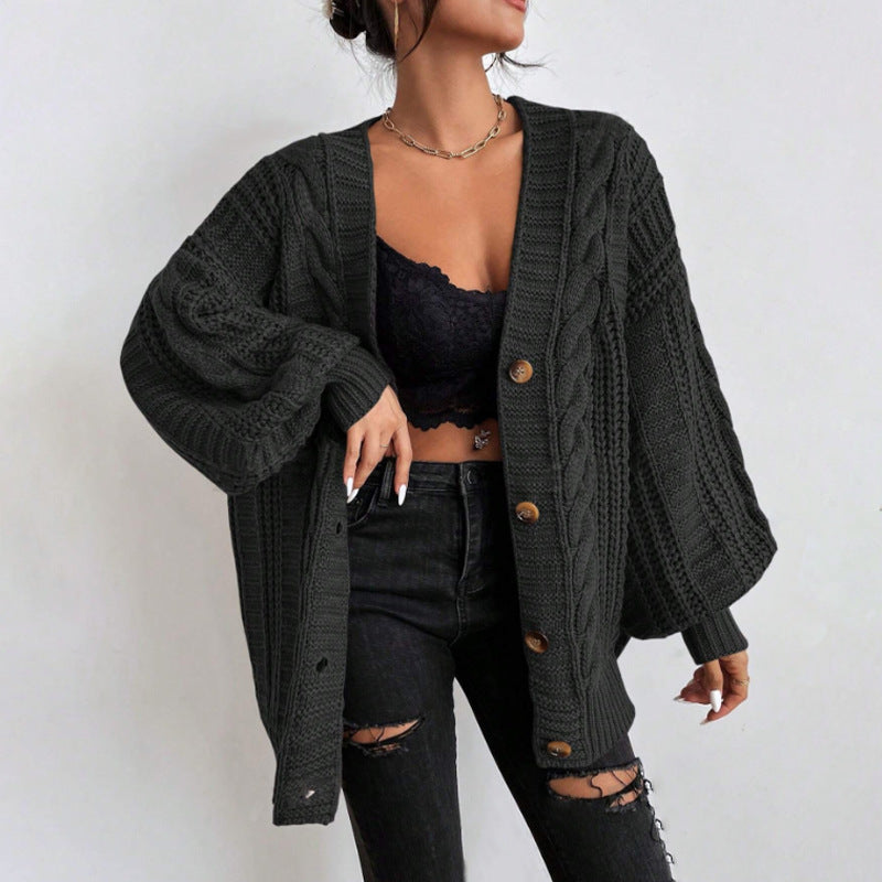 V-neck Sweater Women's Retro Fashion Loose Twist Knitted Coat