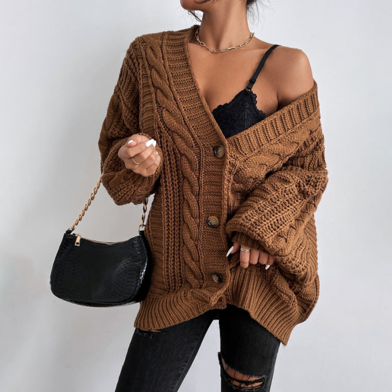 V-neck Sweater Women's Retro Fashion Loose Twist Knitted Coat