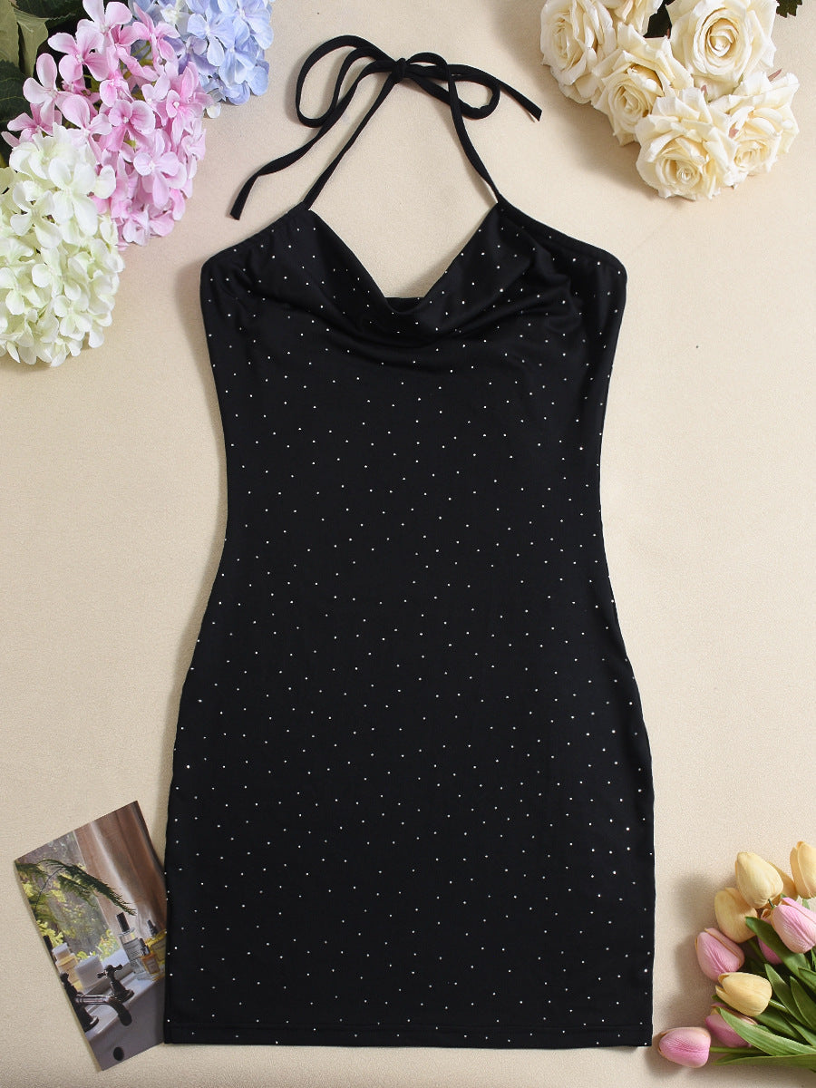 Women's Sexy Slim-fit Halter Strap Rhinestone Flower Hip Bag Dress