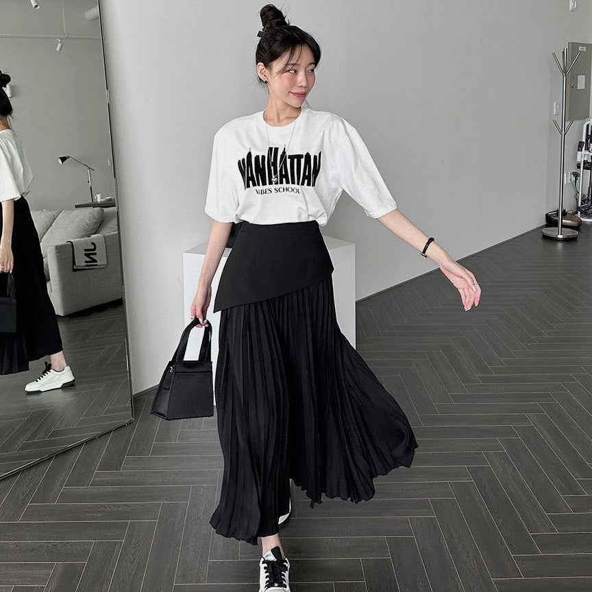 Pleated Contrast Color High Waist Women's Skirt