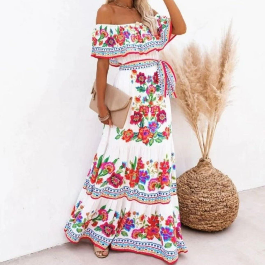 Summer Off-shoulder Printing Belt Long Large Hem Dress