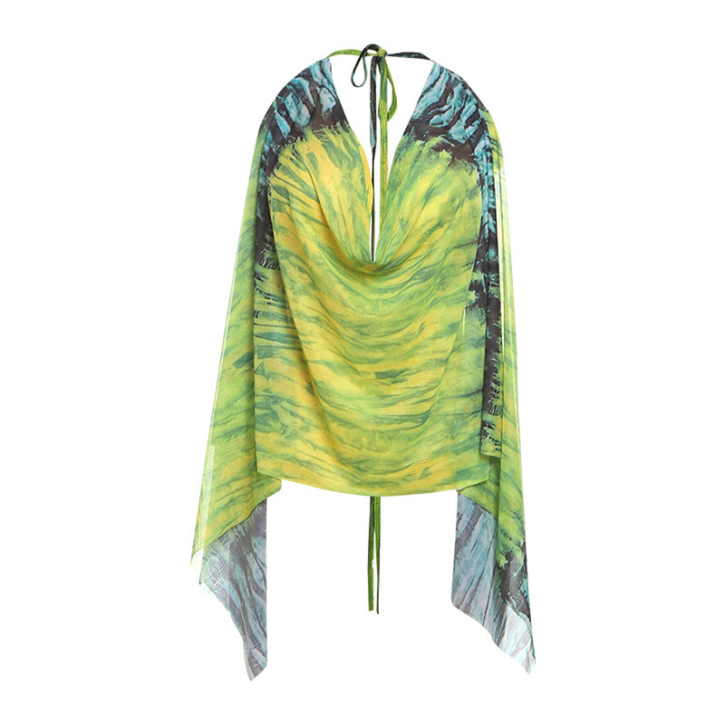 Deep V-neck Backless Strap Sleeveless Printed Cool Top