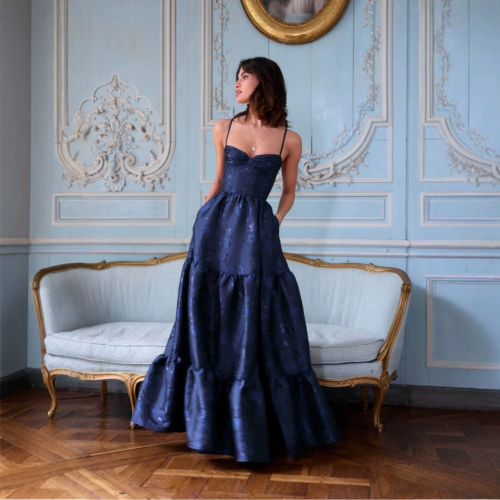 Lace-up Waist Mesh Jacquard Sling Dress