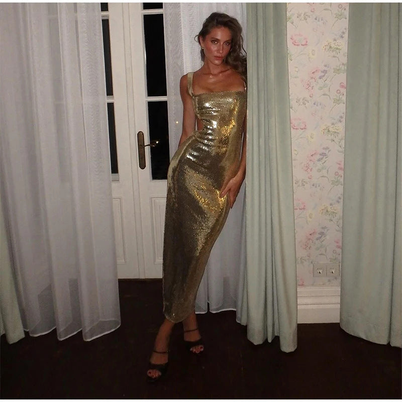 Sequined Square Collar Sling Party Dress