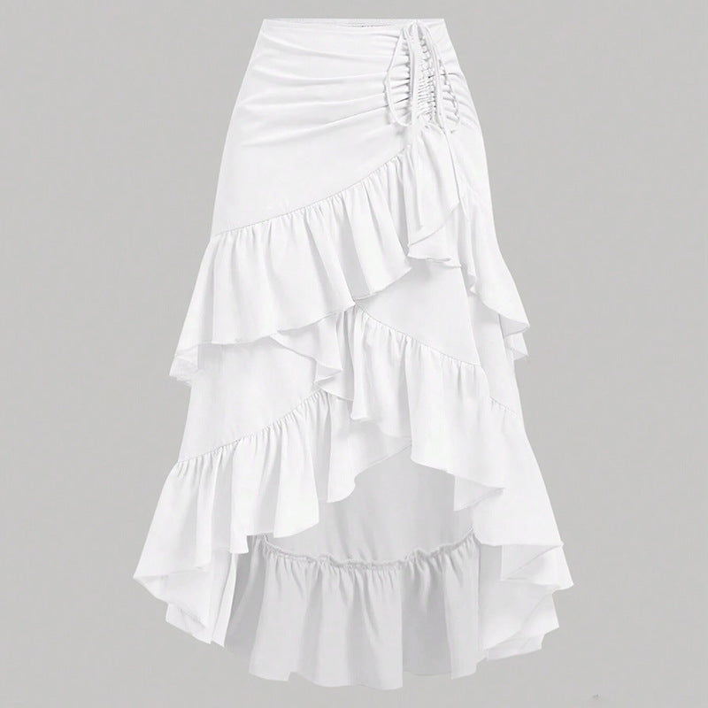 Women Asymmetric Hem High Waist Tied Lotus Leaf Hem Skirt