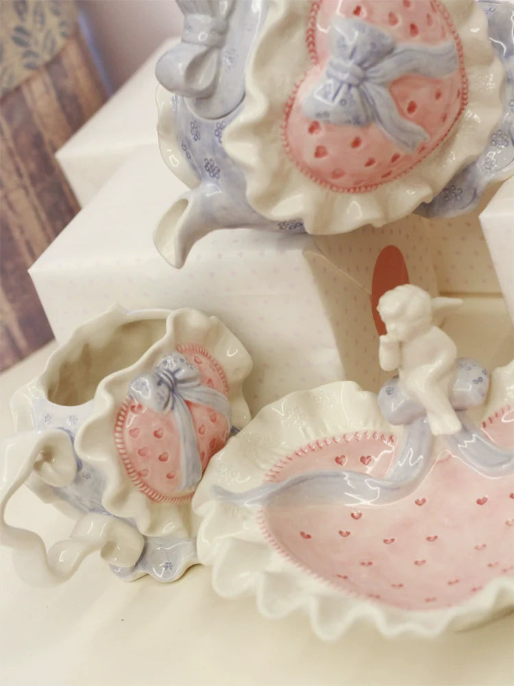 Clang Li Vintage Retro Valentine's Day Cute Pink Heart Ceramic Water Cup Kettle