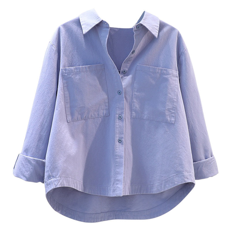 Women's Blue Double-pocket Brushed Cotton Shirt