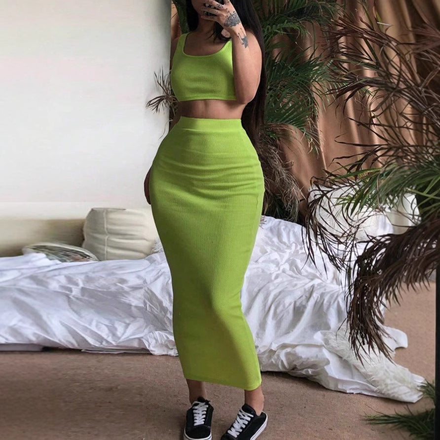 Women's Solid Color Fashion Slim-fit Round Neck Sleeveless Dress Suit