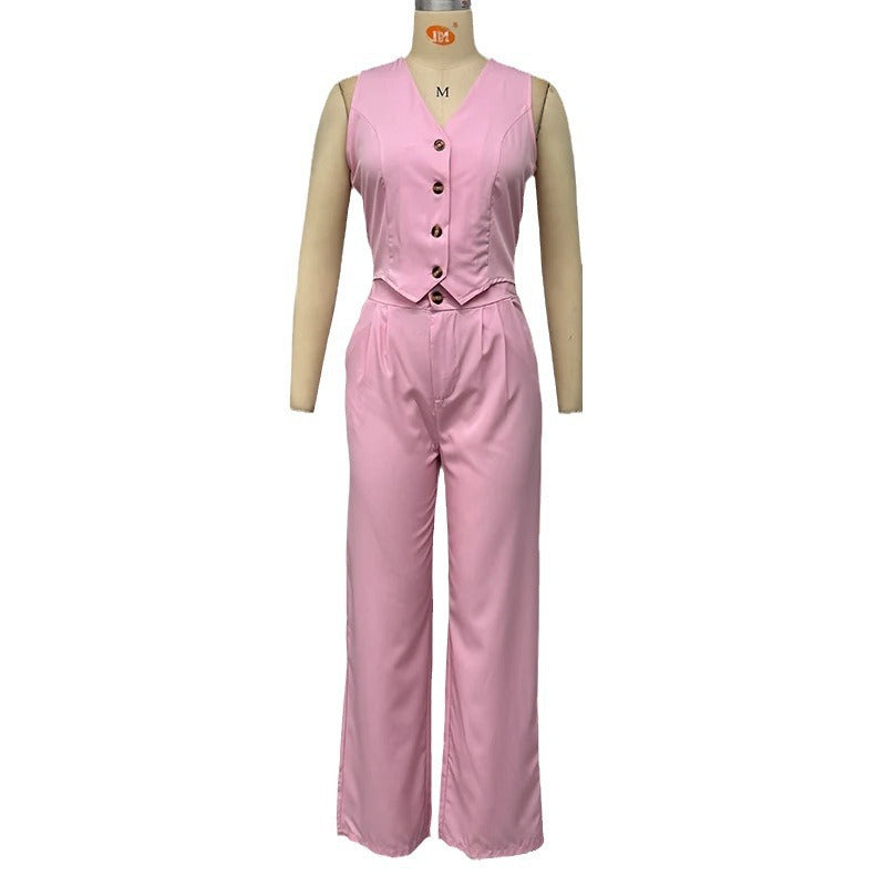Women's Solid Color And V-neck Sleeveless Vest Elegant Suit Pants Suit