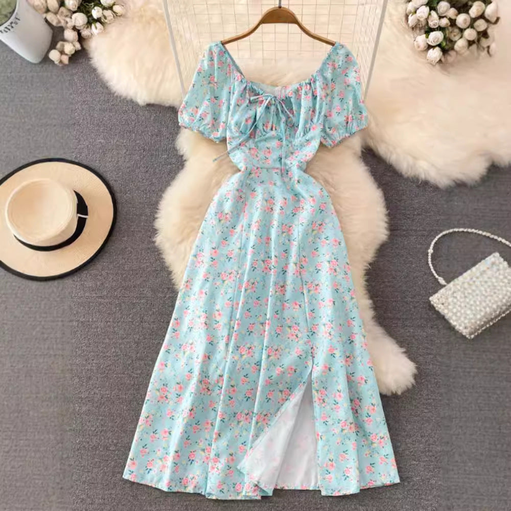 Women's Clothing Princess Sleeves Off-neck Sexy Slit Slim Fit Printed Dress