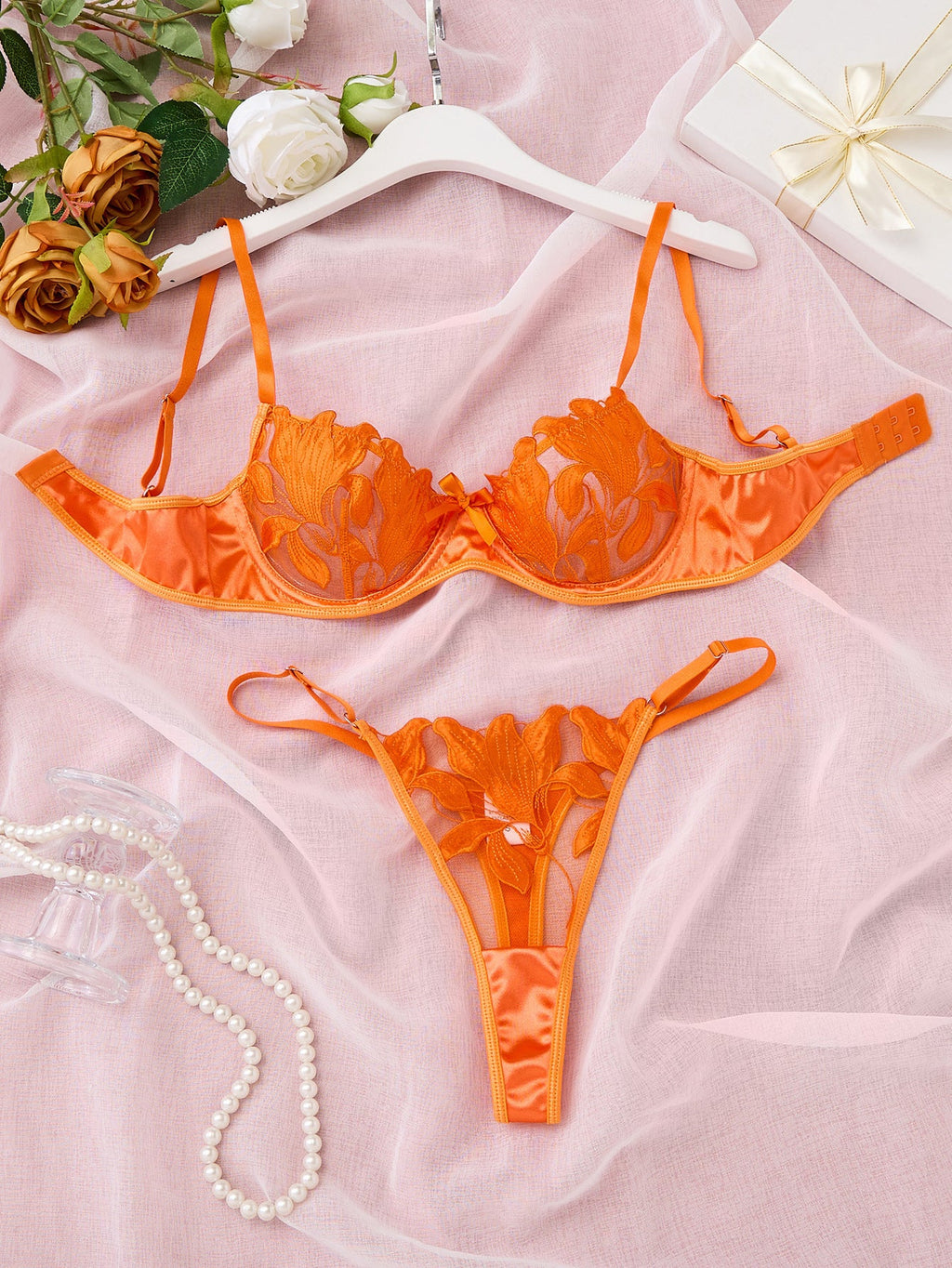 Lace Embroidery Mesh See-through Sexy Lingerie Set