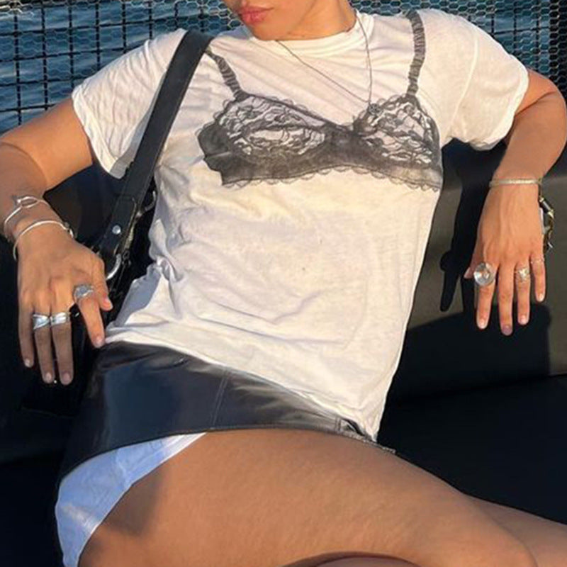 Women's Design Contrast Color Lace See-through Corset Short Sleeve