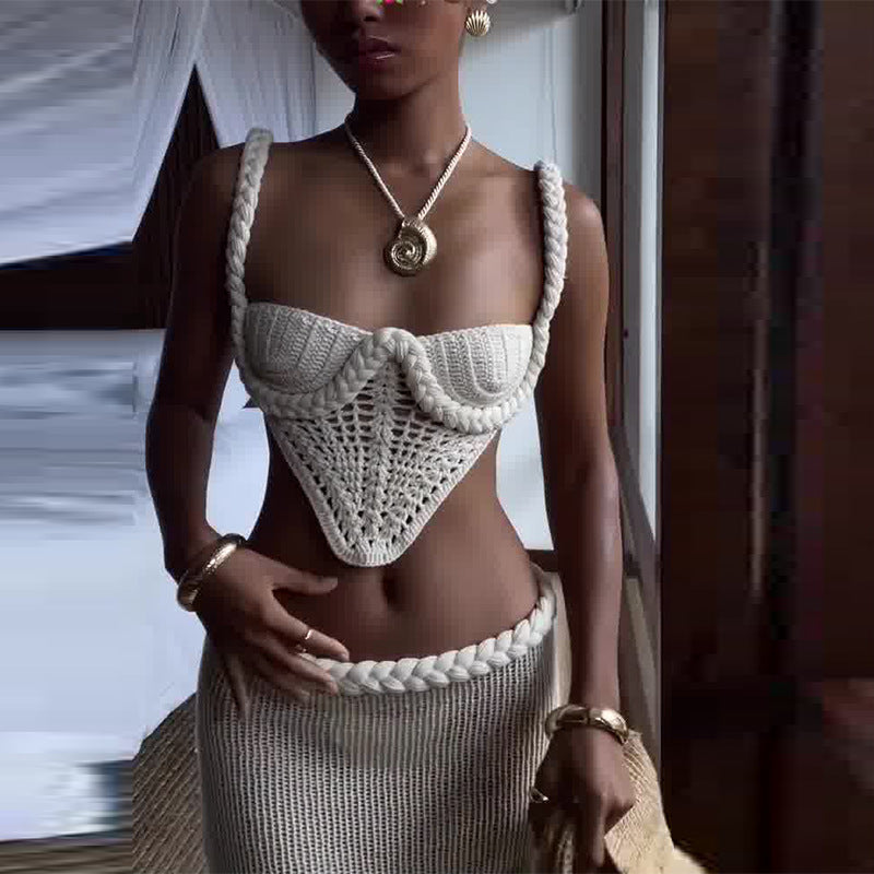 Y2K-Inspired Women's Crochet Knit Two-Piece Set â€?Square Neck Crop Top and Low-Waist Hollow-Out Bodycon Maxi Skirt