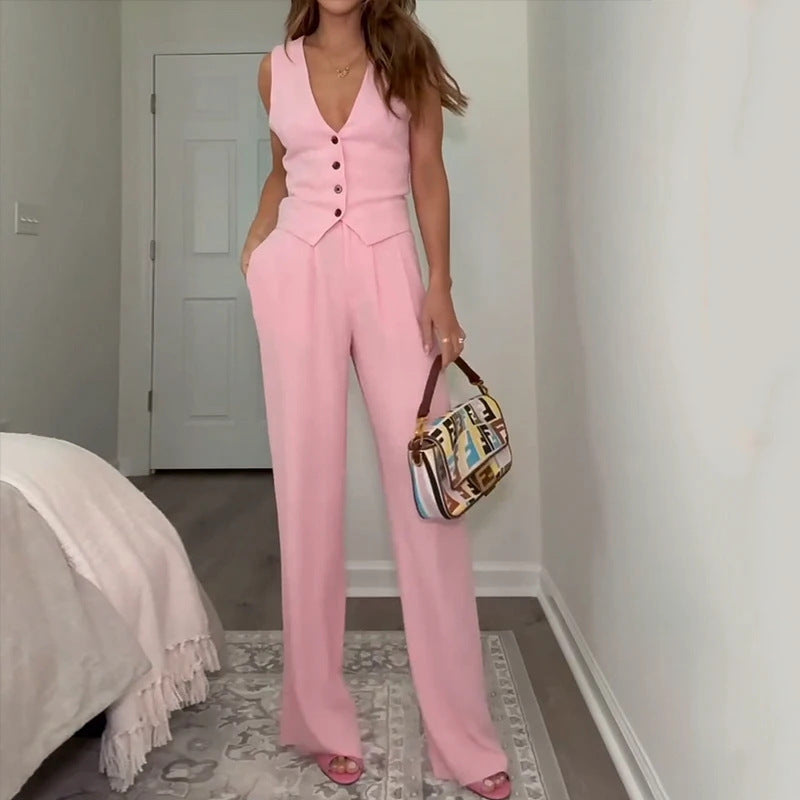 Women's Solid Color And V-neck Sleeveless Vest Elegant Suit Pants Suit