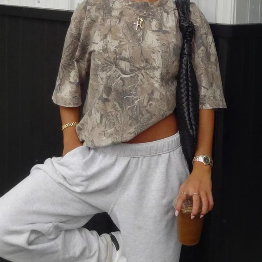 Women's Fashionable Loose All-match Leaf Printed Short Sleeve