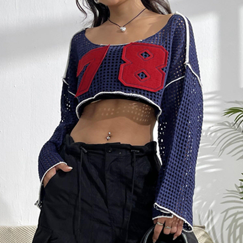 Women's Flared Sleeve Cropped Sexy Short Casual Hollow Sweater
