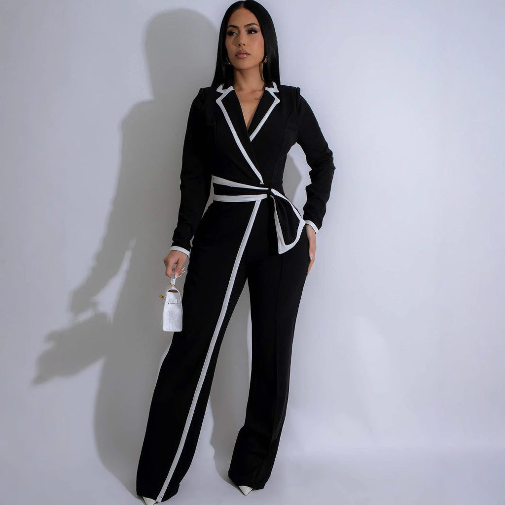Fashion Belt Design Dual-color Patchwork Long Sleeve Jumpsuit