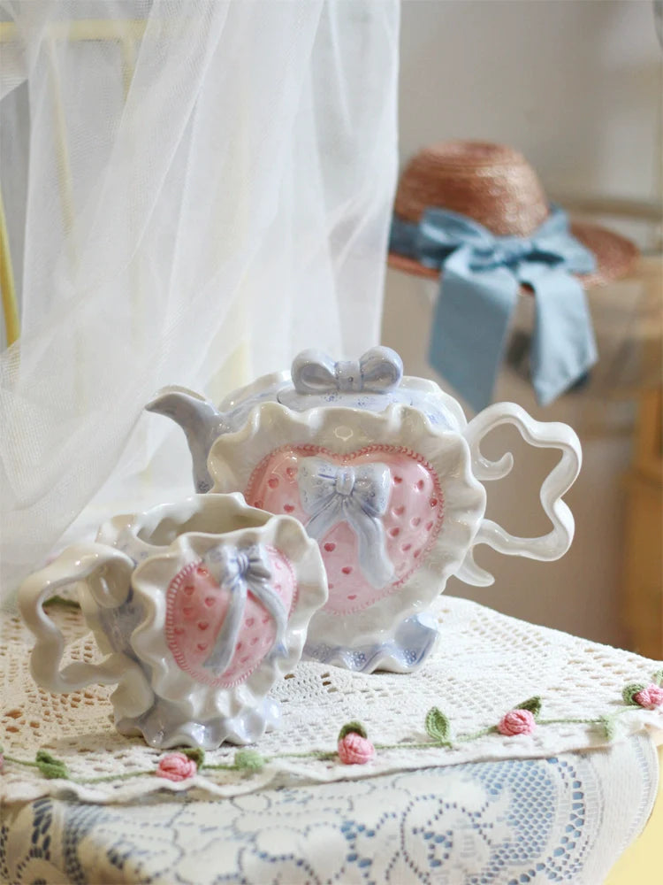 Clang Li Vintage Retro Valentine's Day Cute Pink Heart Ceramic Water Cup Kettle