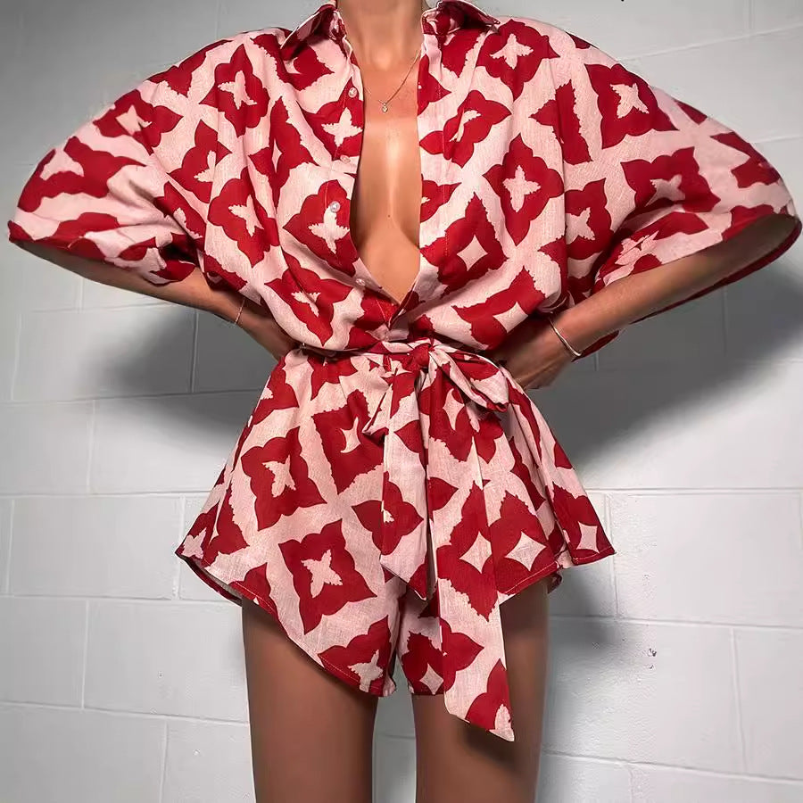 Loose Casual Print Lace-up Jumpsuit Shorts