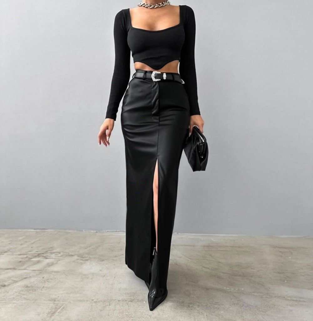 Leather Design Split Solid Color High Waist Simple Skirt