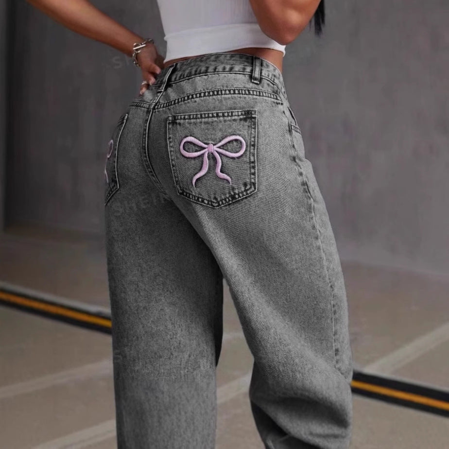 Vintage Bow Embroidered Washed Jeans For Women Straight Loose Trousers