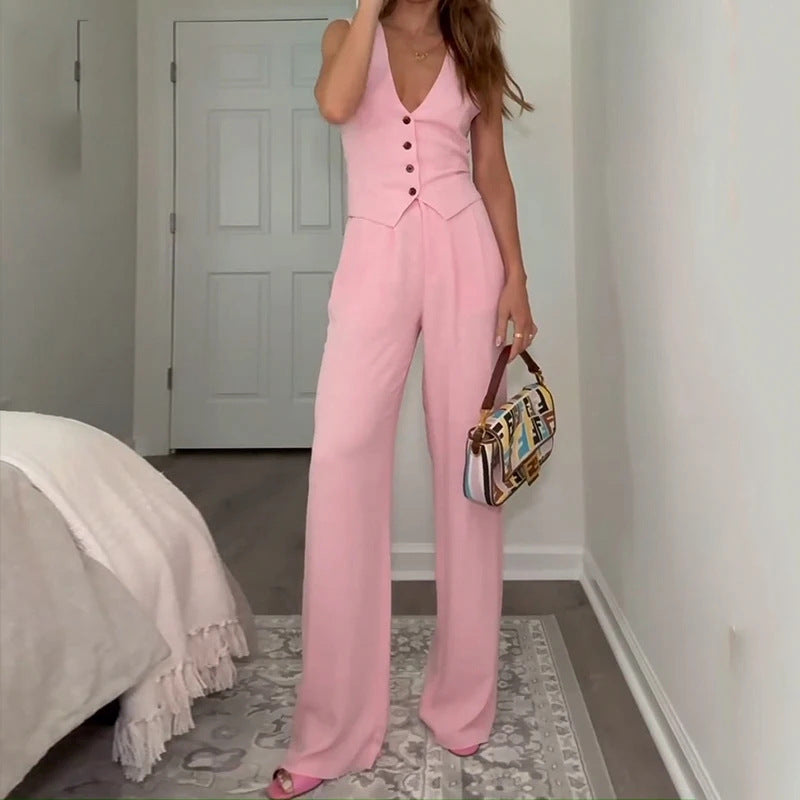 Women's Solid Color And V-neck Sleeveless Vest Elegant Suit Pants Suit