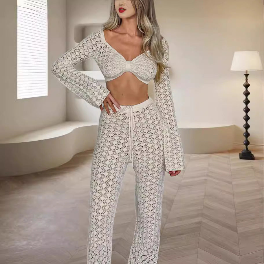 Sexy Cutout Tube Top Small Top Slim Trousers Hot Girl Knitting Suit
