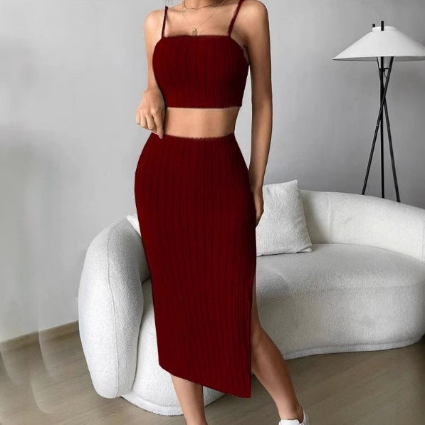 Women's Solid Color Stretch Tight Midriff-baring Camisole Hip Skirt Suit