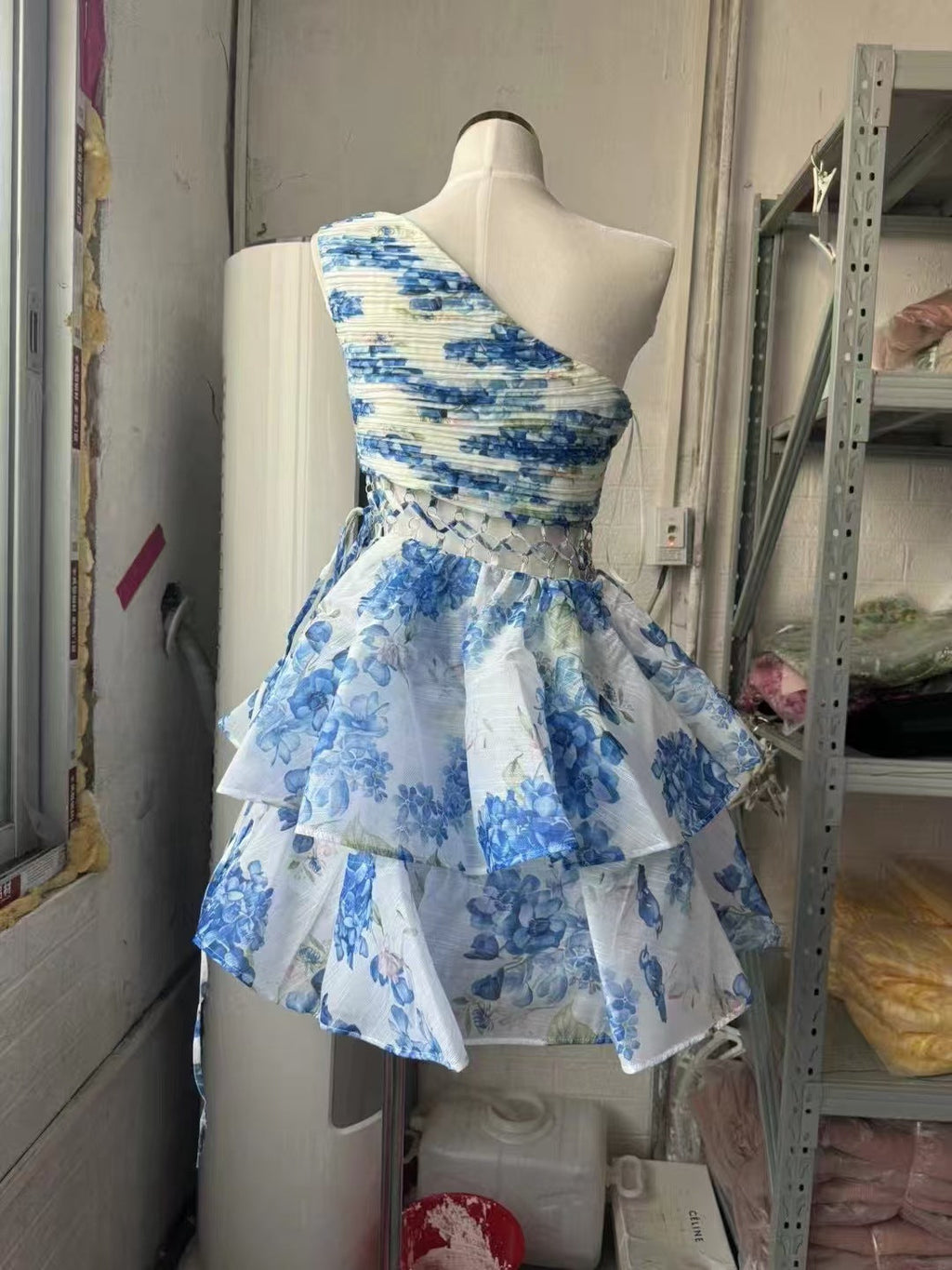 Vacation Style One-shoulder Pleated Lace-up Cutout Printed Puffy Cake Dress