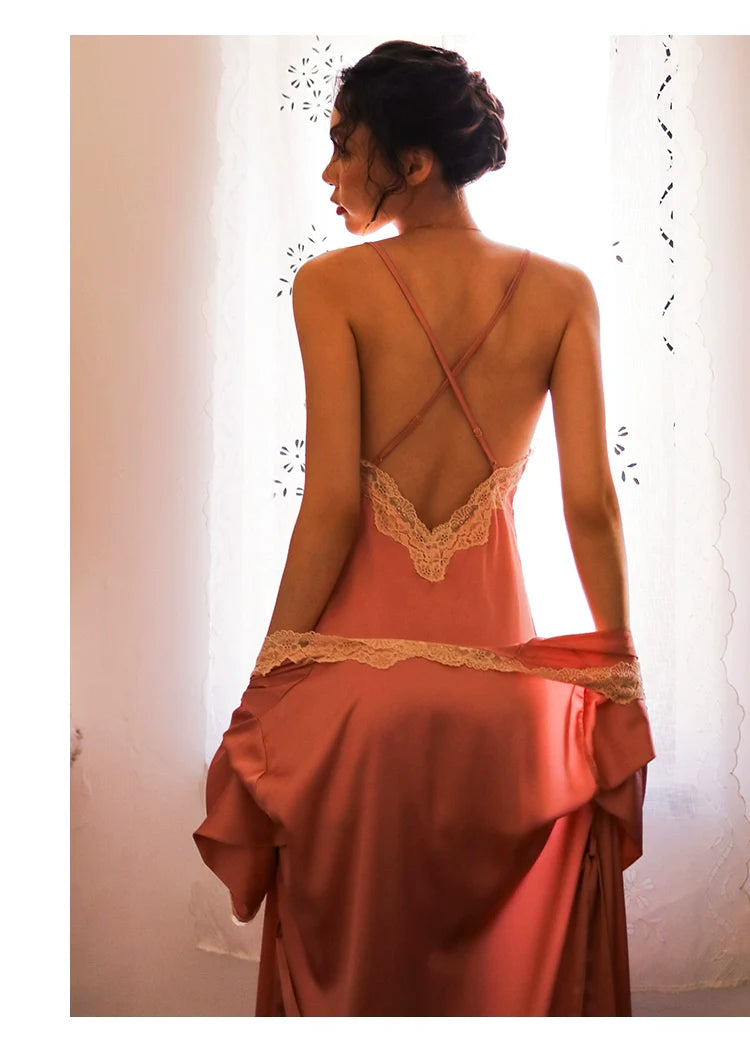 Women's Sexy Lace Pajamas Fancy Ice Silk Strap Night Dress